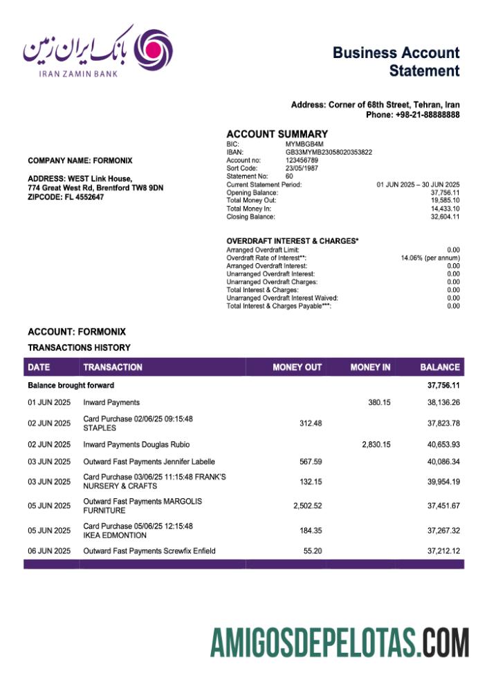Baixável Iran Zamin Bank Firm modelo de extrato de conta Word e PDF